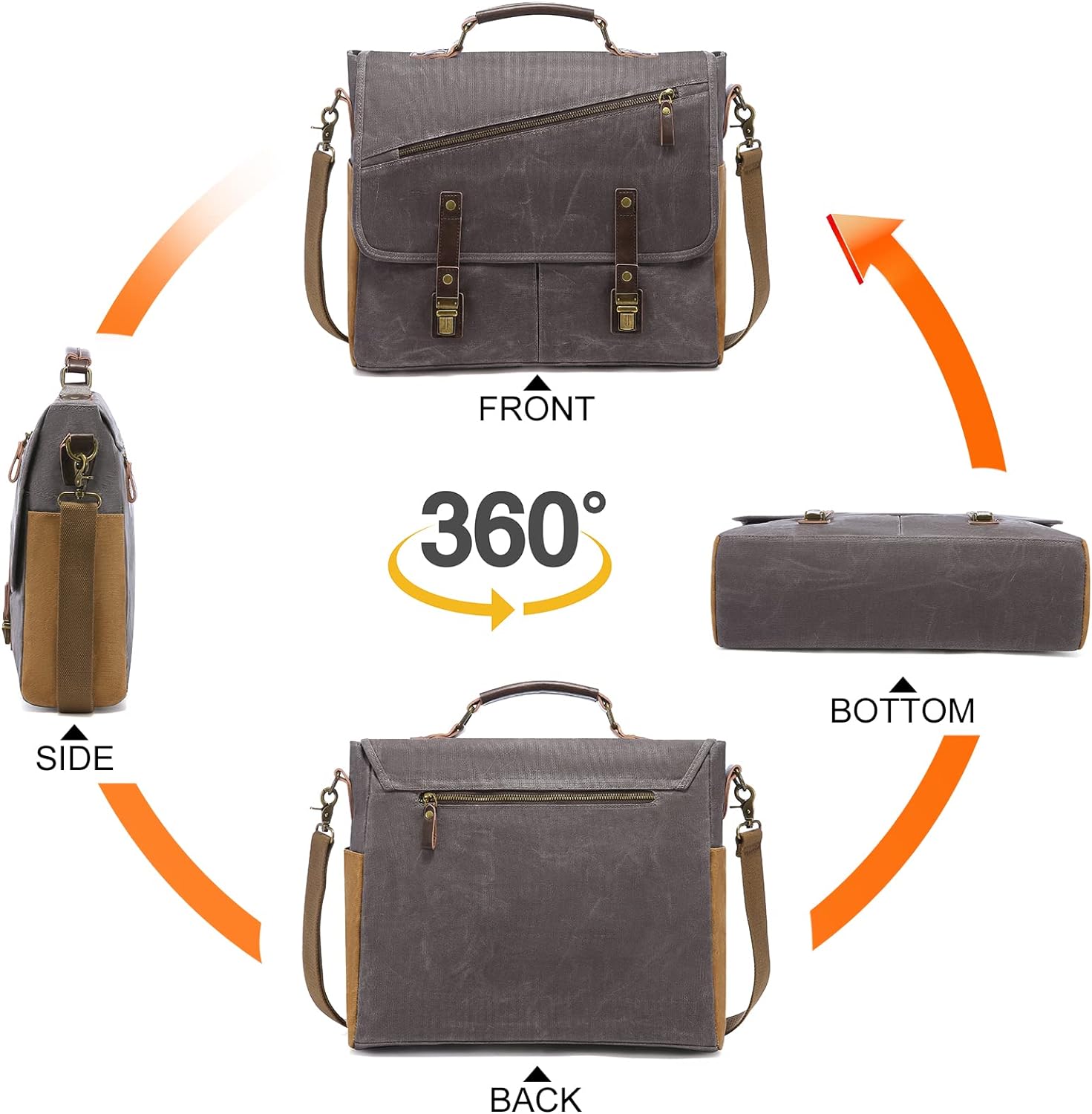 LOVEVOOK Mens Messenger Bag， 15.6 Inch Waterproof Waxed Canvas Briefcase Vintage Leather Computer Laptop Book Bag Large Satchel Shoulder Bag for Work， Travel， School - Image 3